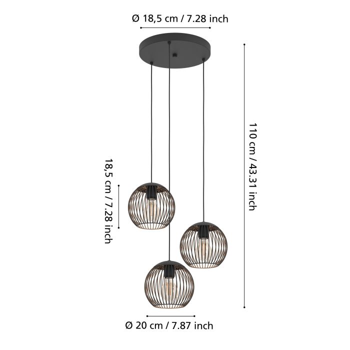 Eglo Almanzora hanglamp koper 3x E27 H110cm