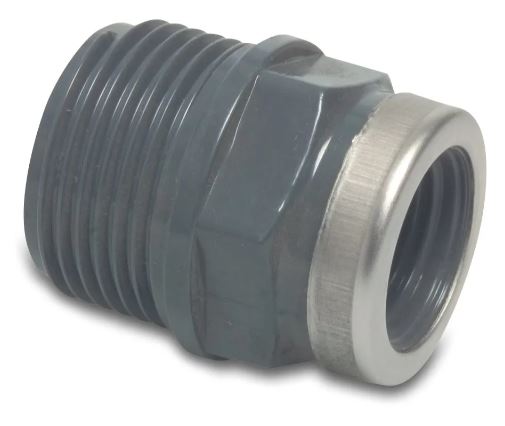 Druk PVC verloopstuk m. verst. ring 6/4M x 1/2F
