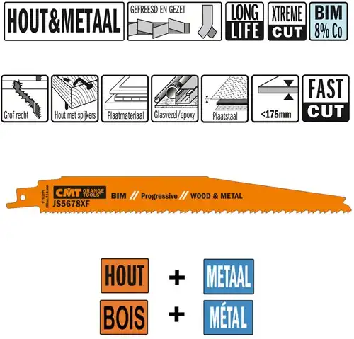 CMT Reciprozaagblad Bi-metaal 225mm x 1,27  x 6-12TPI