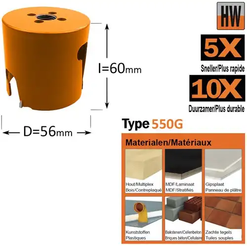 Gatzaag - hardmetaal hout D56mm L60mm - GRN