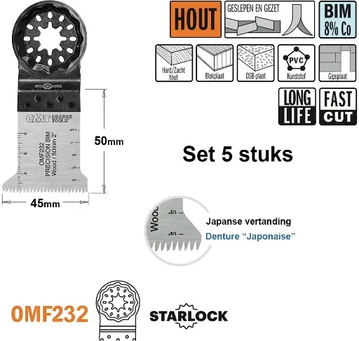 [PR/00216] CMT Multitoolzaagblad (Jap vertanding) voor hout 45mm BIM - 5st