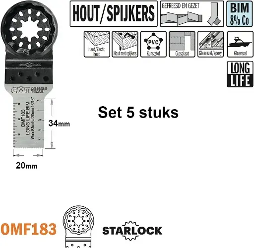 [PR/00222] CMT Multitoolzaagblad voor hout met spijkers 20mm BIM - 5st